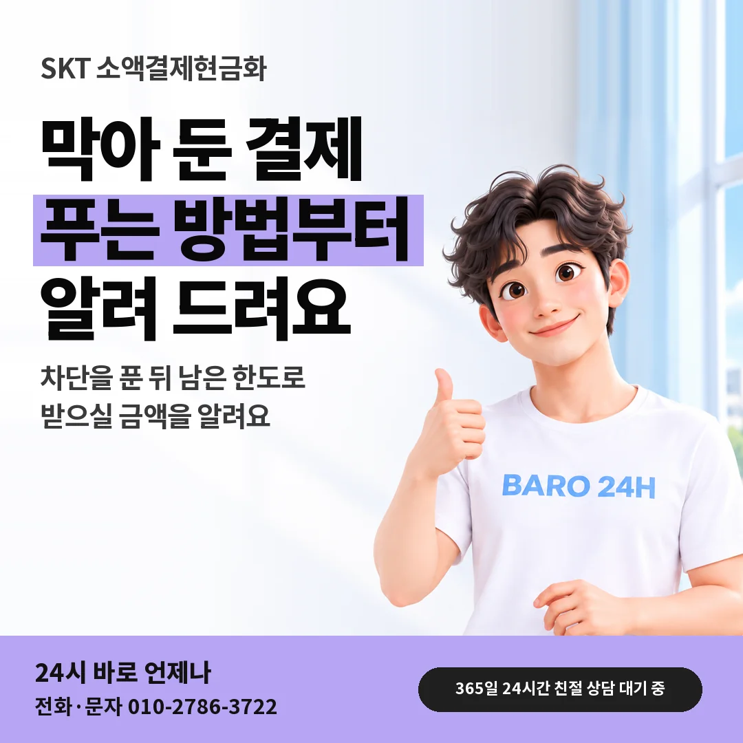 BARO 24H 티셔츠를 입은 3D 인물 옆에 「SKT 결제 차단 확인 안내」 제목을 얹은 안내 카드