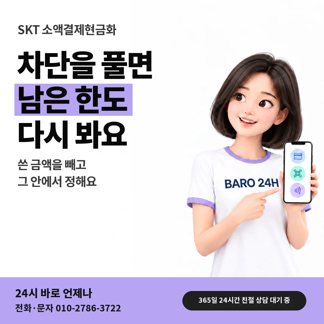 BARO 24H 티셔츠를 입은 3D 인물 옆에 「SKT 차단 푼 뒤 남은 한도」 제목을 얹은 안내 카드