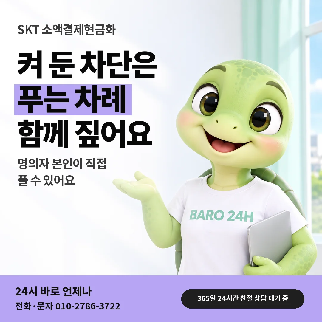 BARO 24H 티셔츠를 입은 3D 거북이 캐릭터 옆에 「SKT 차단 푸는 방법」 제목을 얹은 안내 카드