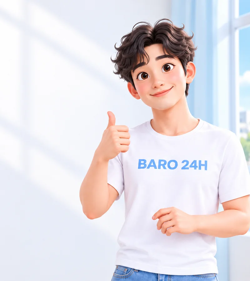 휴대폰을 들고 상담을 안내하는 BARO 24H 티셔츠 차림의 20대 3D 인물